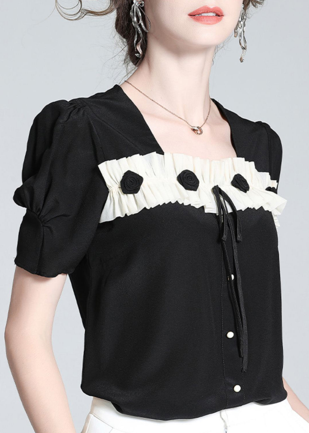 Cute Black Square Collar Patchwork Silk Top Summer LY0107