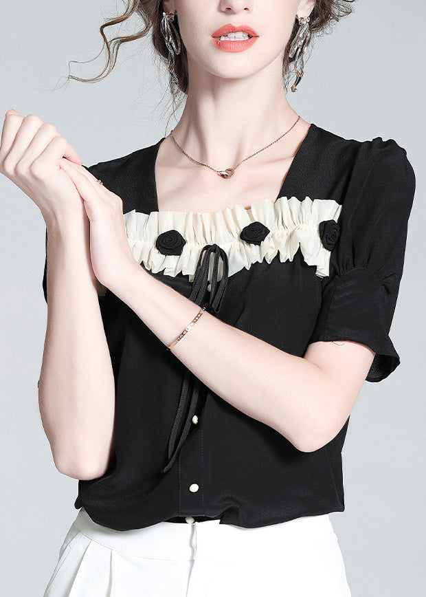 Cute Black Square Collar Patchwork Silk Top Summer LY0107