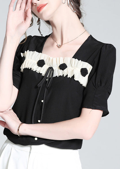 Cute Black Square Collar Patchwork Silk Top Summer LY0107