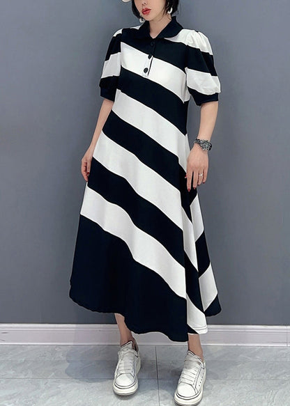 Cute Black White Striped Peter Pan Collar Patchwork Long Dress Short Sleeve