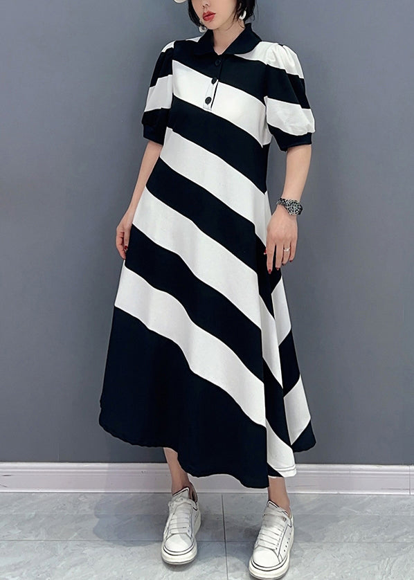 Cute Black White Striped Peter Pan Collar Patchwork Long Dress Short Sleeve LC0319