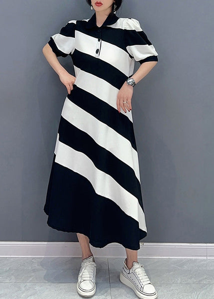 Cute Black White Striped Peter Pan Collar Patchwork Long Dress Short Sleeve LC0319