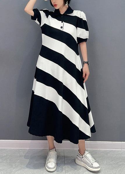 Cute Black White Striped Peter Pan Collar Patchwork Long Dress Short Sleeve LC0319