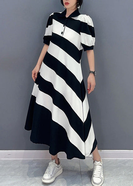 Cute Black White Striped Peter Pan Collar Patchwork Long Dress Short Sleeve LC0319