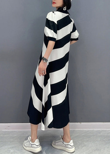 Cute Black White Striped Peter Pan Collar Patchwork Long Dress Short Sleeve LC0319