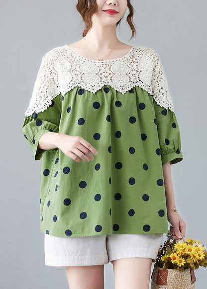 Cute Green O-Neck Dot Lace Patchwork Top Summer AC2029