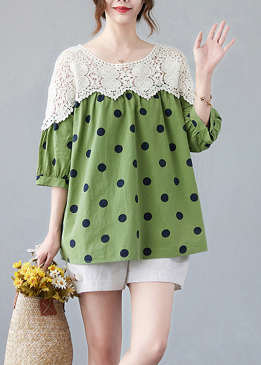 Cute Green O-Neck Dot Lace Patchwork Top Summer AC2029