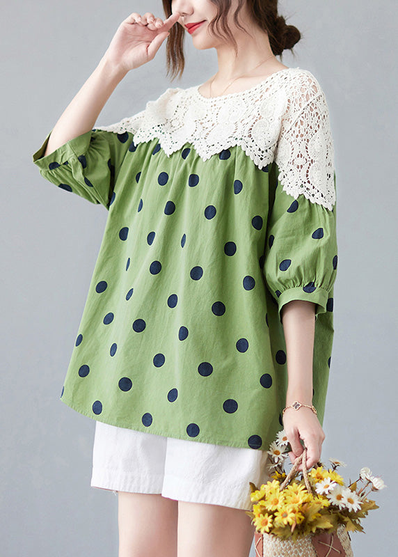 Cute Green O-Neck Dot Lace Patchwork Top Summer AC2029