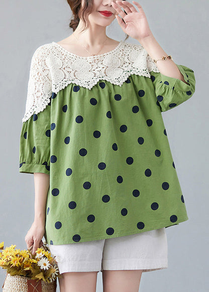 Cute Green O-Neck Dot Lace Patchwork Top Summer AC2029