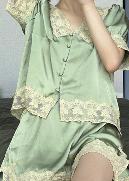 Cute Green V Neck Lace Patchwork Ice Silk Pajamas Two Piece Set Summer LY1916