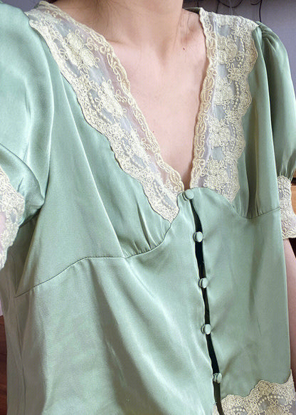 Cute Green V Neck Lace Patchwork Ice Silk Pajamas Two Piece Set Summer LY1916