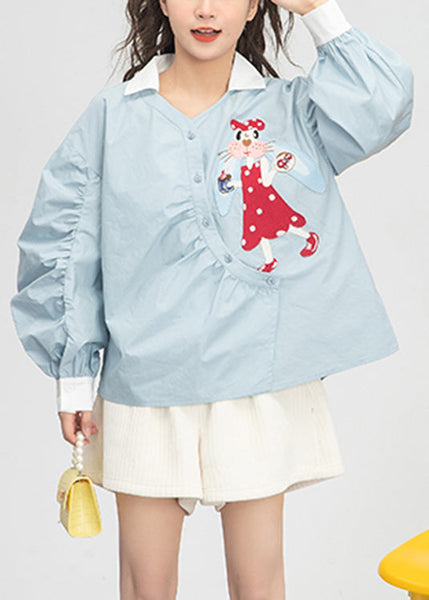 Cute Light Blue Embroideried Floral Button Cotton Shirts Spring LY0800