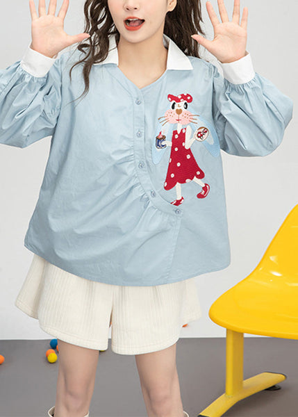 Cute Light Blue Embroideried Floral Button Cotton Shirts Spring LY0800