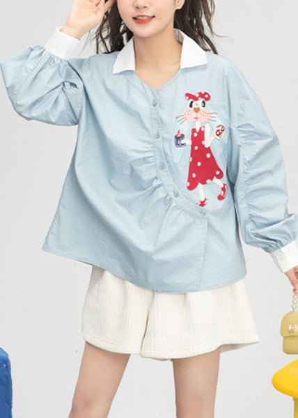 Cute Light Blue Embroideried Floral Button Cotton Shirts Spring LY0800