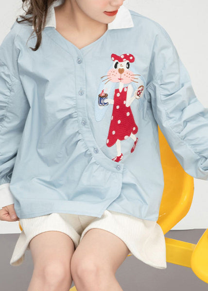 Cute Light Blue Embroideried Floral Button Cotton Shirts Spring LY0800