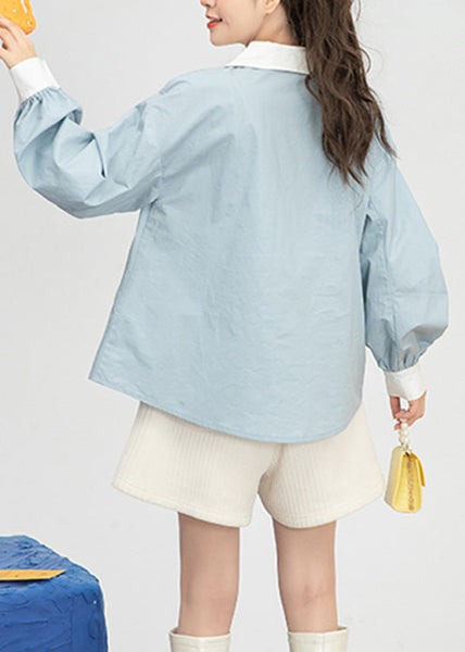 Cute Light Blue Embroideried Floral Button Cotton Shirts Spring LY0800