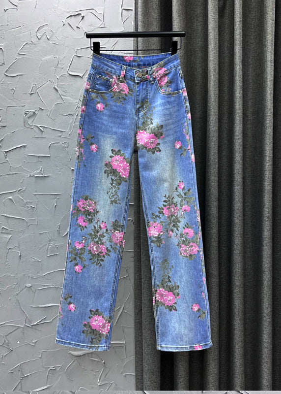 Cute Light Blue Print High Waist Straight Jeans Summer TY1094