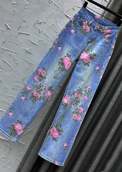 Cute Light Blue Print High Waist Straight Jeans Summer TY1094