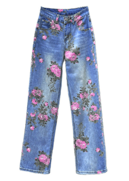 Cute Light Blue Print High Waist Straight Jeans Summer TY1094