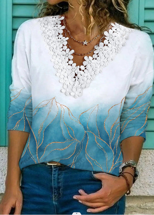 Cute Light Blue V Neck Lace Patchwork Print T Shirt Long Sleeve LY1962