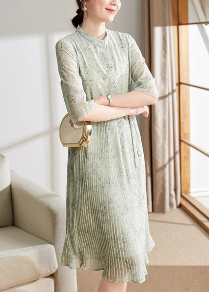 Cute Light Green Print Button Tie Waist Chiffon Holiday Maxi Dress Summer LY1743