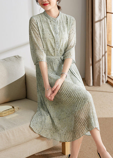 Cute Light Green Print Button Tie Waist Chiffon Holiday Maxi Dress Summer LY1743