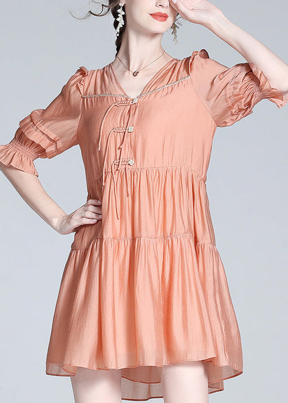 Cute Orange V Neck Patchwork Button Solid Silk Mid Dress Summer LY1018