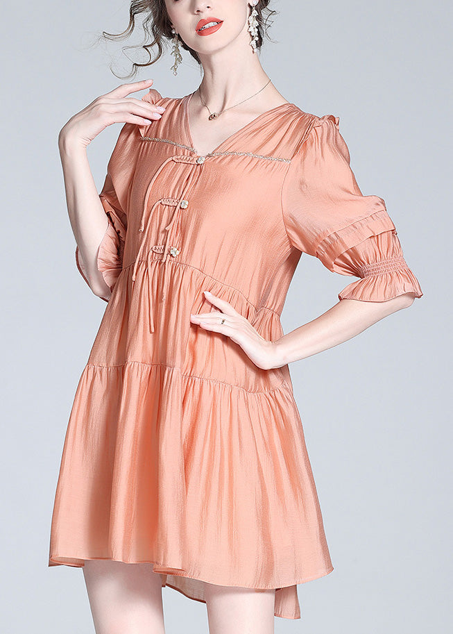 Cute Orange V Neck Patchwork Button Solid Silk Mid Dress Summer LY1018