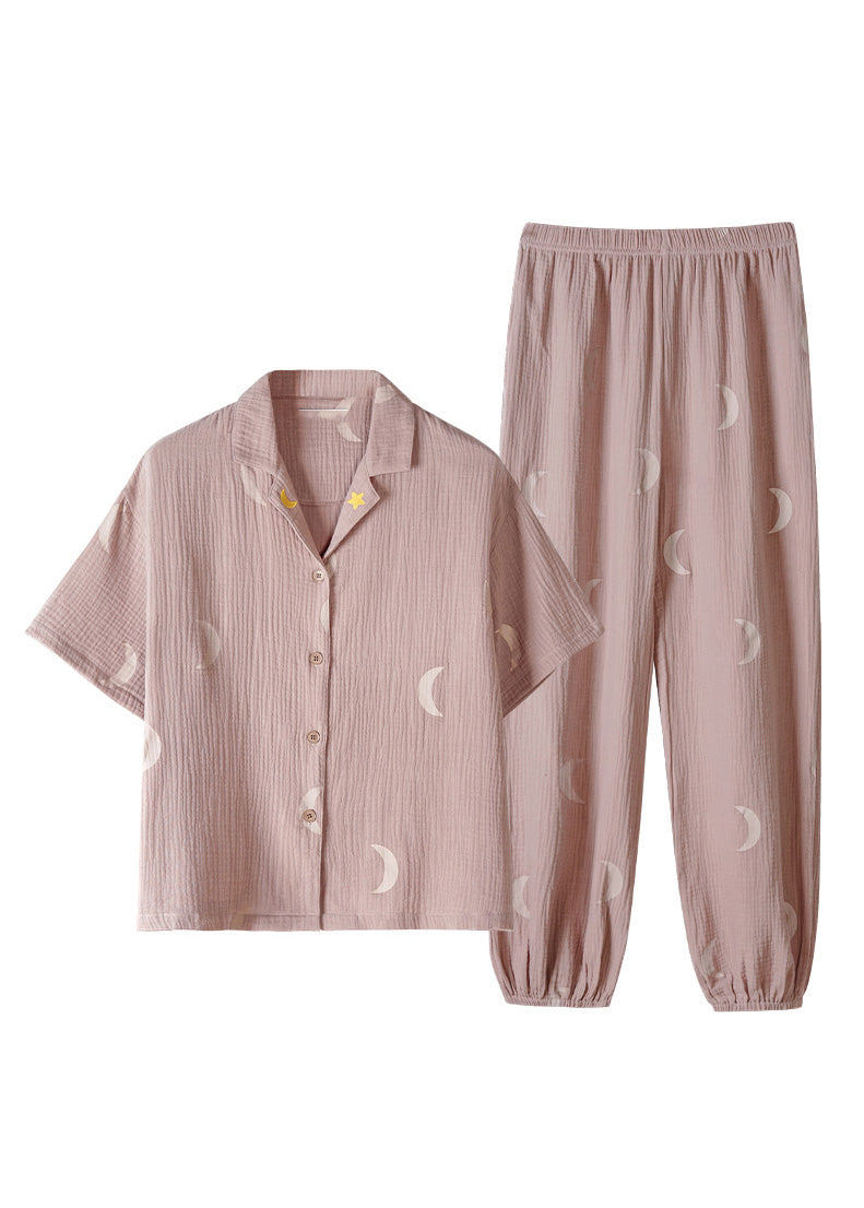 Cute Pink Notched Print Button Cotton Pajamas Two Pieces Set Summer LY1885