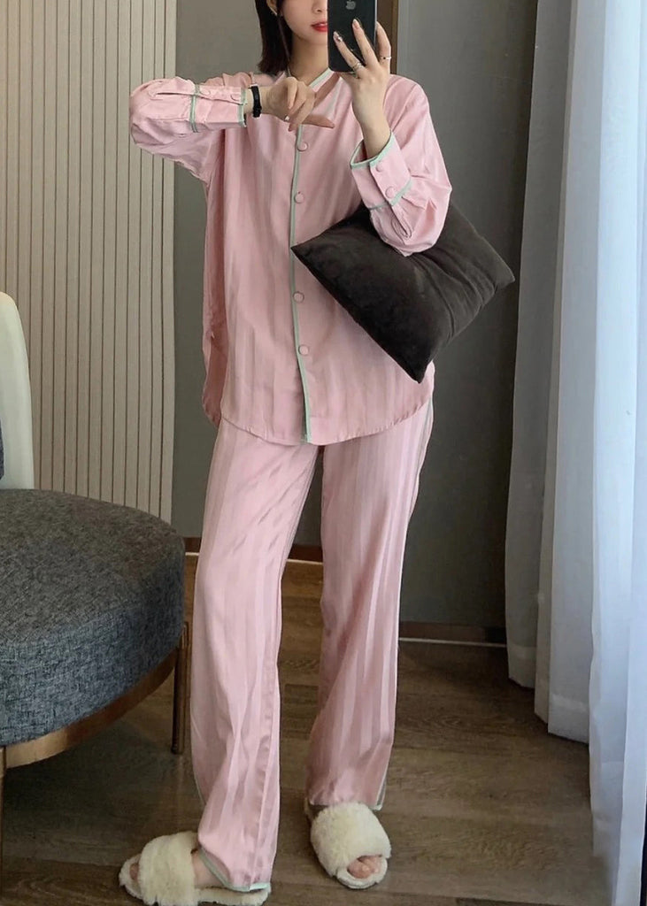 Cute Pink O-Neck Button Side Open Solid Ice Silk Pajamas Two Pieces Set Spring LY1913