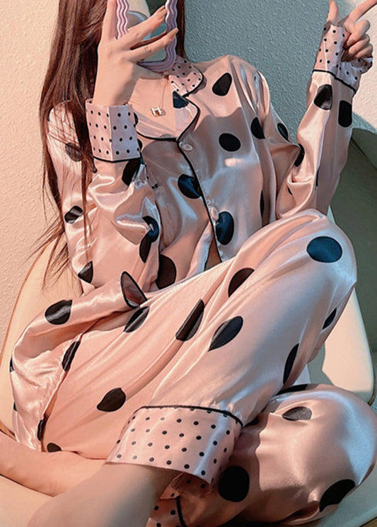 Cute Pink Peter Pan Collar Dot Print Button Ice Silk Pajamas Two Pieces Set Long Sleeve LY1873