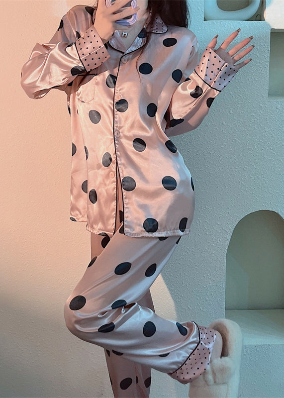 Cute Pink Peter Pan Collar Dot Print Button Ice Silk Pajamas Two Pieces Set Long Sleeve LY1873