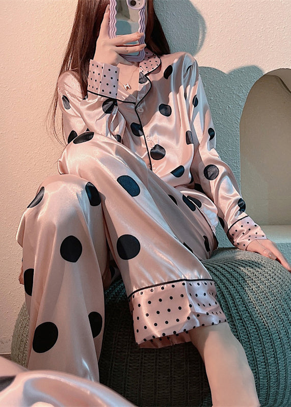 Cute Pink Peter Pan Collar Dot Print Button Ice Silk Pajamas Two Pieces Set Long Sleeve LY1873