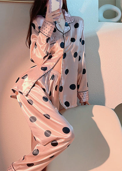 Cute Pink Peter Pan Collar Dot Print Button Ice Silk Pajamas Two Pieces Set Long Sleeve LY1873