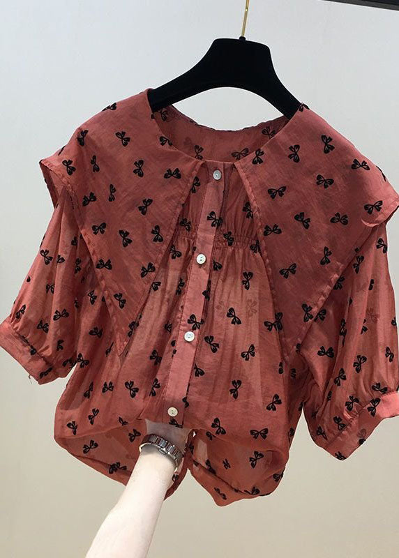 Cute Red Peter Pan Collar Print Chiffon Shirts Tops Summer LY0590