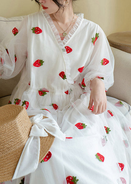 Robe longue d'été en tulle patchwork blanc mignon TI1022