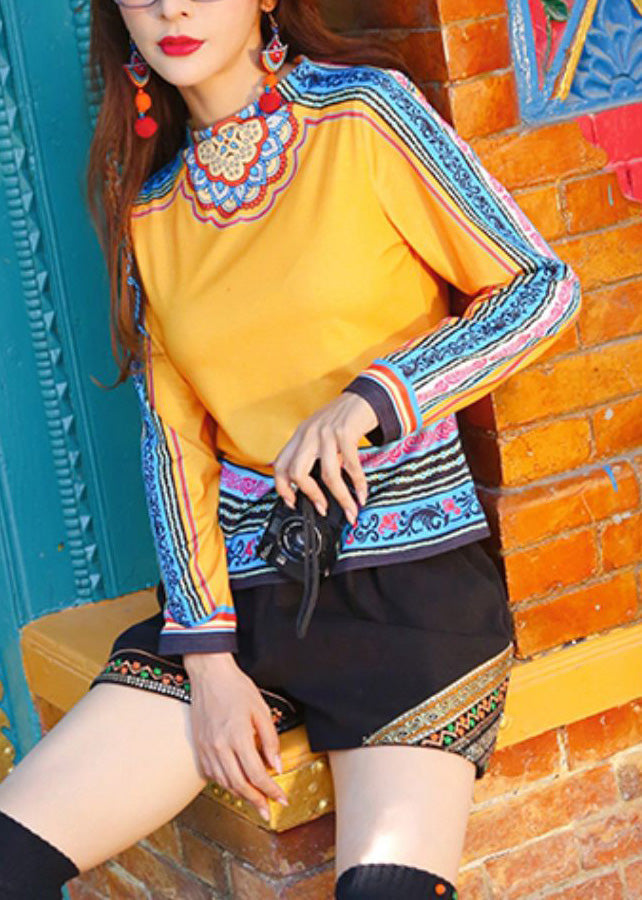 Cute Yellow O-Neck Print Patchwork Top Long Sleeve LY0177