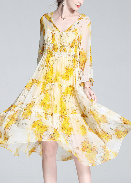 Cute Yellow V Neck Print Patchwork Button Silk Long Dress Spring LY0691