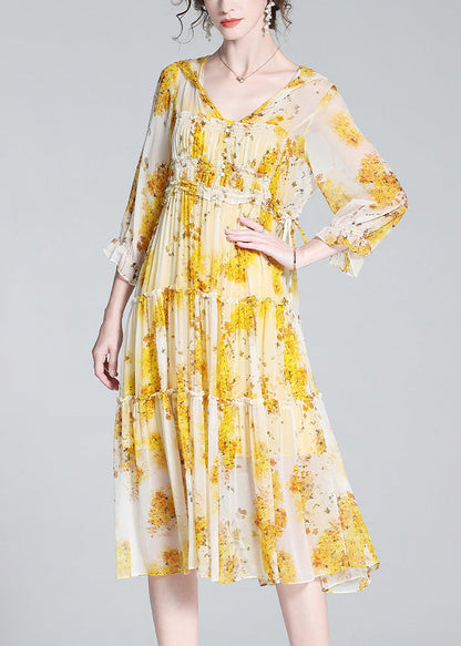 Cute Yellow V Neck Print Patchwork Button Silk Long Dress AC3064