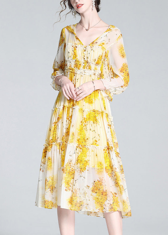 Cute Yellow V Neck Print Patchwork Button Silk Long Dress Spring LY0691