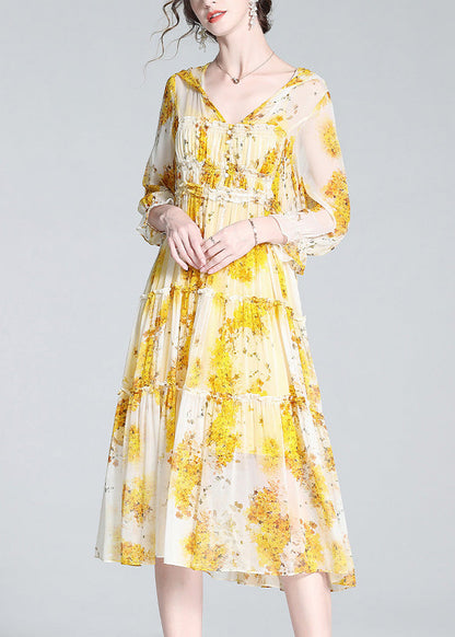 Cute Yellow V Neck Print Patchwork Button Silk Long Dress Spring LY0691