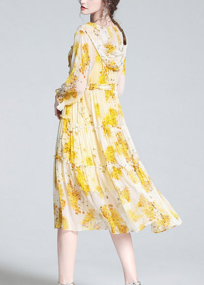 Cute Yellow V Neck Print Patchwork Button Silk Long Dress Spring LY0691