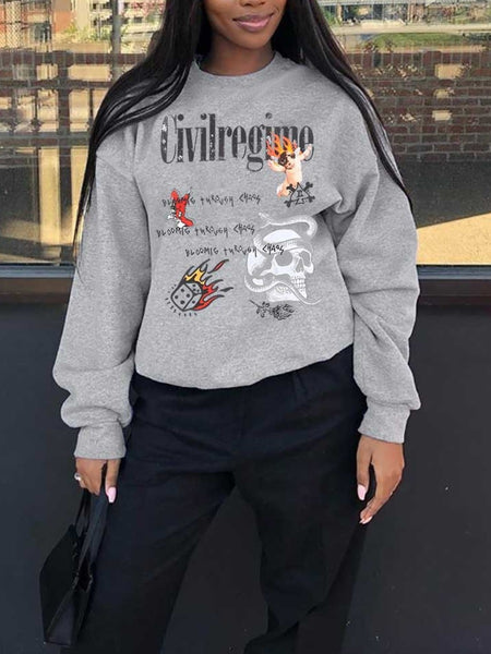 Plus Size Skull Head Letter Print Loose Sweatshirt BO5087 Furdela