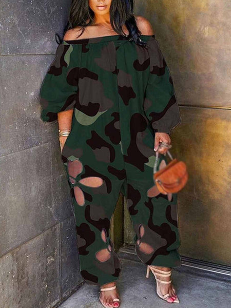 Plus Size Off The Shoulder Camo Print Cut Out Jumpsuit AR5022