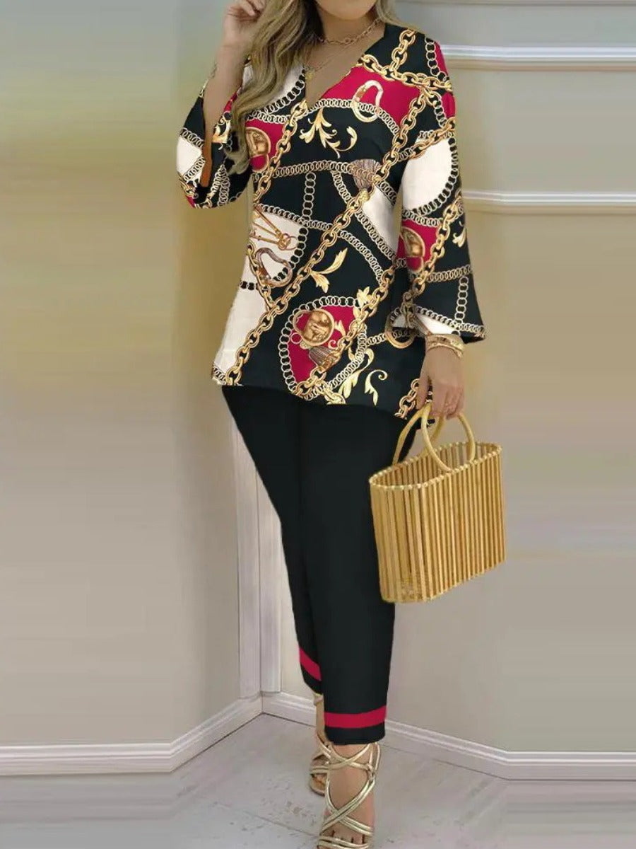 Plus Size V Neck Chain Print Pants Set AC2068