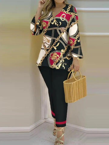 Plus Size V Neck Chain Print Pants Set AC2068