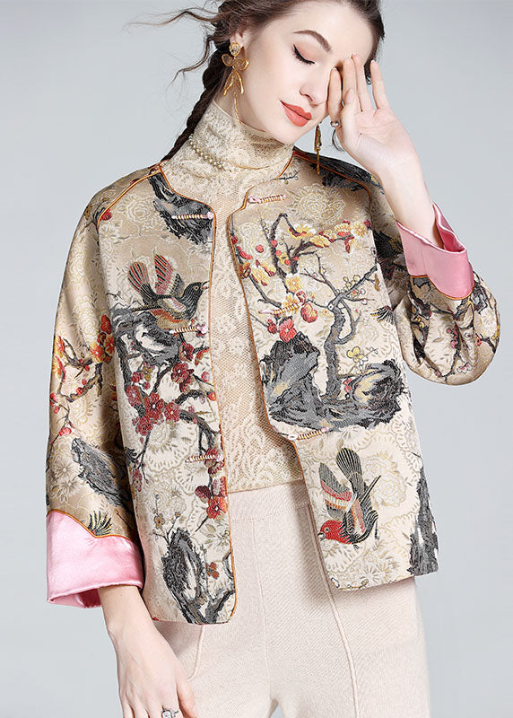 DIY Apricot O-Neck Embroideried Patchwork Chinese Button Silk Coats Spring LY0145