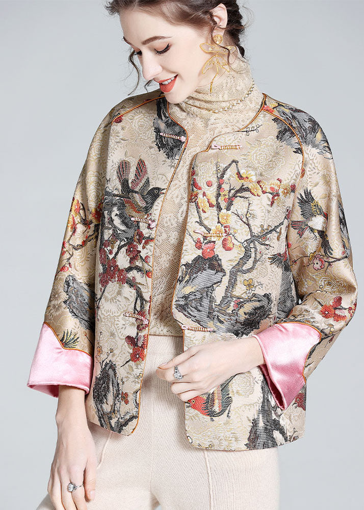 DIY Apricot O-Neck Embroideried Patchwork Chinese Button Silk Coats Spring LY0145