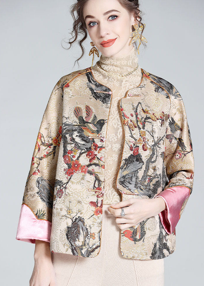 DIY Apricot O-Neck Embroideried Patchwork Chinese Button Silk Coats Spring LY0145