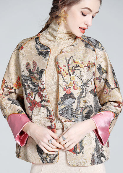 DIY Apricot O-Neck Embroideried Patchwork Chinese Button Silk Coats Spring LY0145